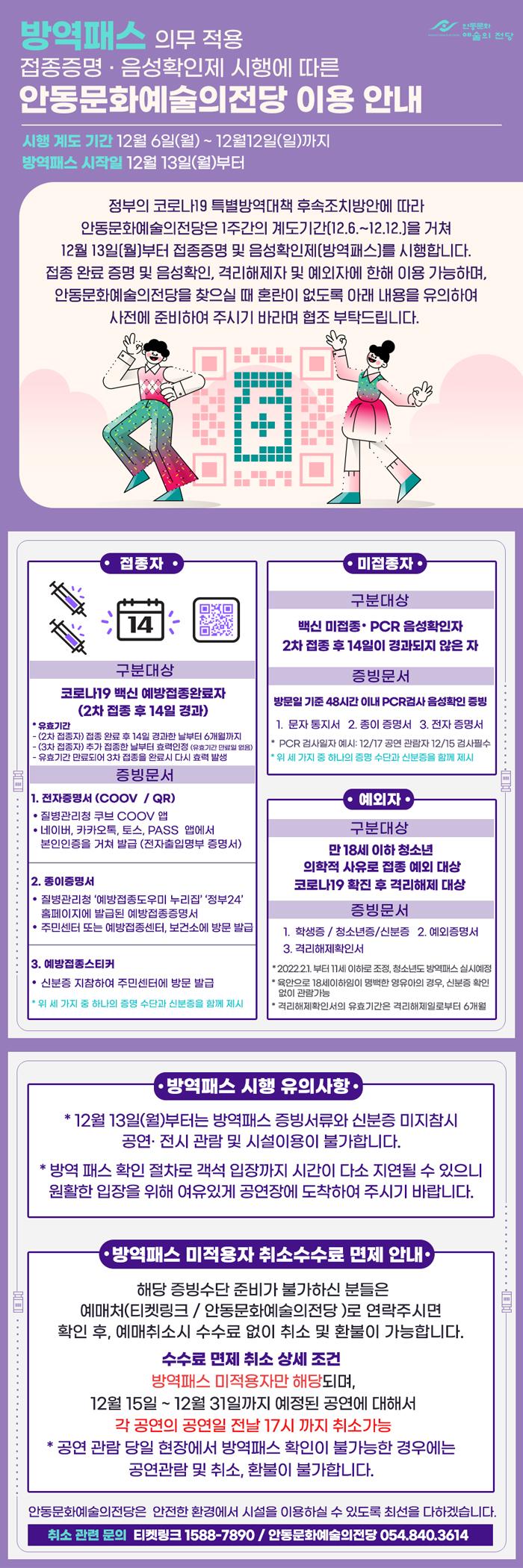 방역패스 의무 적용 접종증명 음성확인제 시행에 따른 안동문화예술의전당 이용안내 정부의 코로나19 특별방역대책 후속조치방안에 따라 안동문화예술의전당은 1주간의 계도기간을 거쳐 12월 13일부터 접종증명 및 음성확인제를 시행합니다 접종 완료 증명 및 음성확인 격리해제자 및 예외자에 한해 이용 가능하며 안동문화예술의전당을 찾으실 때 혼란이 없도록 아래 내용을 유의하여 사전에 준비하여 주시기 바라며 협조 부탁드립니다