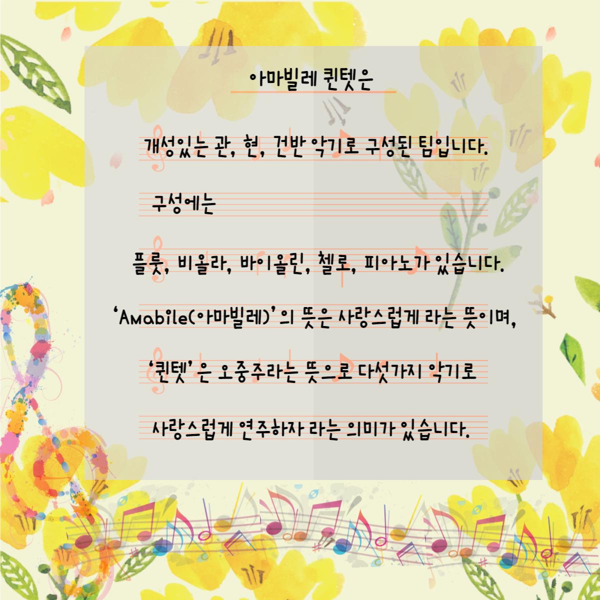 아마빌레 퀸텟은 개성있는 관, 현, 건반 악기로 구성된 팀입니다. 구성에는 플룻, 비올라, 바이올린, 첼로, 피아노가 있습니다. 'Amabile(아마빌레)'의 뜻은 사랑스럽게 라는 뜻이며, '퀸텟'은 오중주라는 뜻으로 다섯가지 악기로 사랑스럽게 연주하자 라는 의미가 있습니다.
