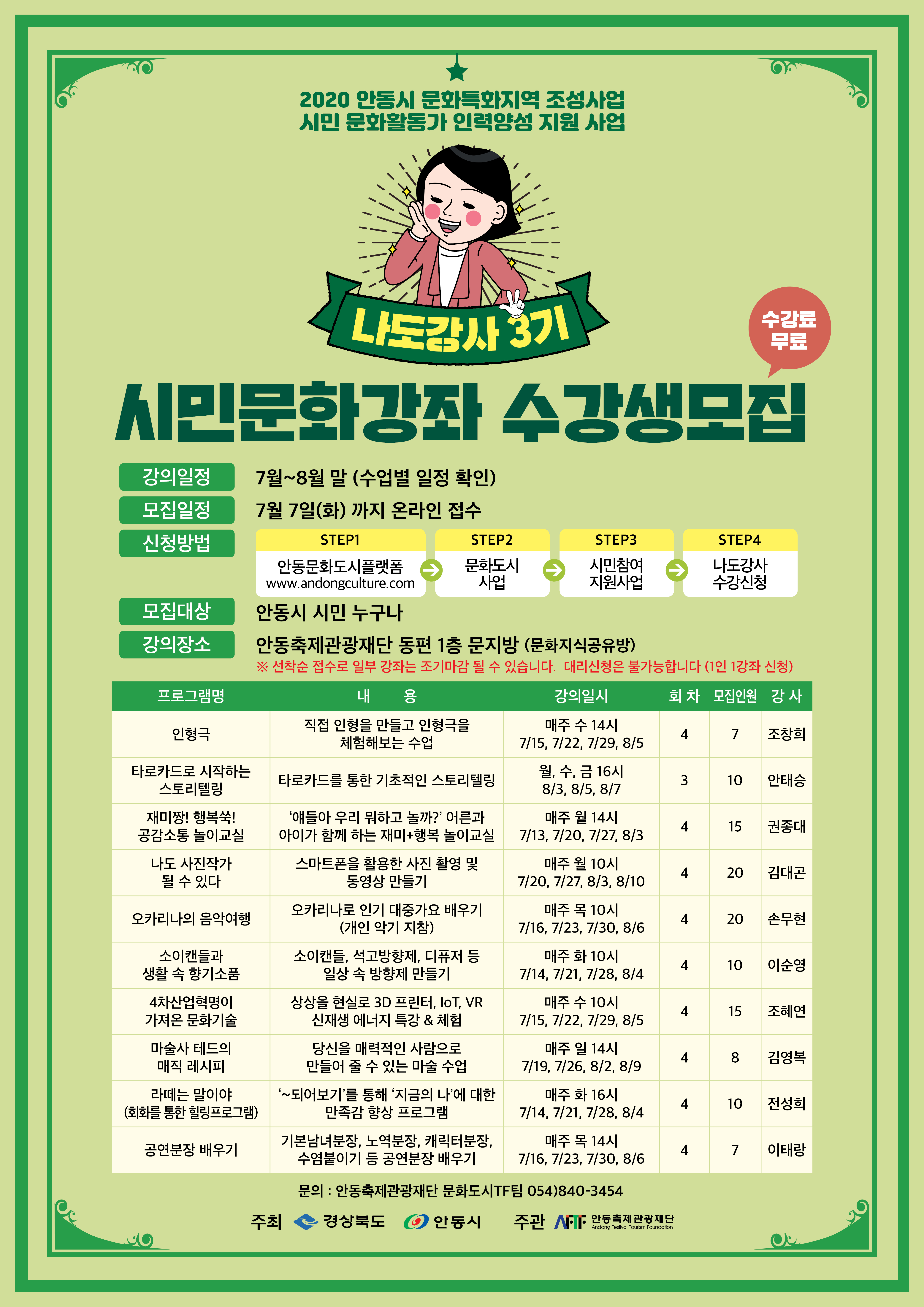 시민문화강좌 수강생 모집 강의일정 7월~8월말(수업별 일정확인) 모집일정 7월7일(화)까지 온라인 접수 신청방법 안동문화도시플랫폼 홈페이지 참고 모집대상 안동시민 누구나 강의장소 문지방 *인형극, 직접인형을 만들고 인형극을 체험해보는 수업, 매주 수 14시 7/15, 7/22, 7/29, 8/5, 4회, 모집인원 7명, 강사 : 조창희 *타로카드로시작하는 스토리텔링, 타로카드를 통한 기초적인 스토리텔링, 월, 수, 금 16시 8/3, 8/5, 8/7, 3회, 모집인원 10명, 강사 : 안태승 *재미짱!행복쑥! 공감소통 놀이교실, ‘얘들아 우리 뭐하고 놀까?’ 어른과 아이가 함께 하는 재미+행복 놀이교실, 매주 월 14시 7/13, 7/20, 7/27, 8/3, 4회, 모집인원 15명, 강사 : 권종대 *나도 사진작가 될 수 있다, 스마트폰을 활용한 사진 촬영 및 동영상 만들기, 매주 월 10시, 7/20, 7/27, 8/3, 8/10, 4회, 모집인원 20명, 강사 : 김태곤 *오카리나의 음악여행, 오카리나로 인기 대중가요 배우기(개인악기 지참), 매주 화 10시, 7/16, 7/23, 7/30, 8/6, 4회, 모집인원 20명, 강사 : 손무현 *소이캔들과 생활 속 향기소품, 소이캔들, 석고방향제, 디퓨저 등 일상 속 방향제 만들기, 매주 화 10시, 7/14, 7/21, 7/28, 8/4, 4회, 모집인원 10명, 강사 : 이순영 *4차산업혁명이 가져온 문화기술, 상상을 현실로 3D 프린터, IoT, VR 신재생 에너지 특강 & 체험, 매주 수 10시 7/15, 7/22, 7/29, 8/5, 4회, 모집인원 15명, 강사 : 조혜연  *마술사 테드의 매직 레시피, 당신을 매력적인 사람으로 만들어 줄 수 있는 마술 수업, 매주 일 14시, 7/19, 7/26, 8/2, 8/9, 4회, 모집인원 8명, 강사 : 김영복 *라떼는 말이야(회화를 통한 힐링프로그램), ‘~되어보기’를 통해 ‘지금의 나’에대한 만족감 향상 프로그램, 매주 화 16시, 7/14, 7/21, 7/28, 8/4, 4회, 모집인원 10명, 강사 : 전성희 *공연분장 배우기, 기본남녀분장, 노역분장, 캐릭터분장, 수염붙이기 등 공연분장 배우기, 매주 목 14시, 7/16, 7/23, 7/30, 8/6, 4회, 모집인원 7명, 강사 : 이태랑 / 문의; 안동축제관광재단 문화도시TF팀 054)840-3454 /주최 : 경상북도, 안동시 / 주관 : 안동축제관광재단